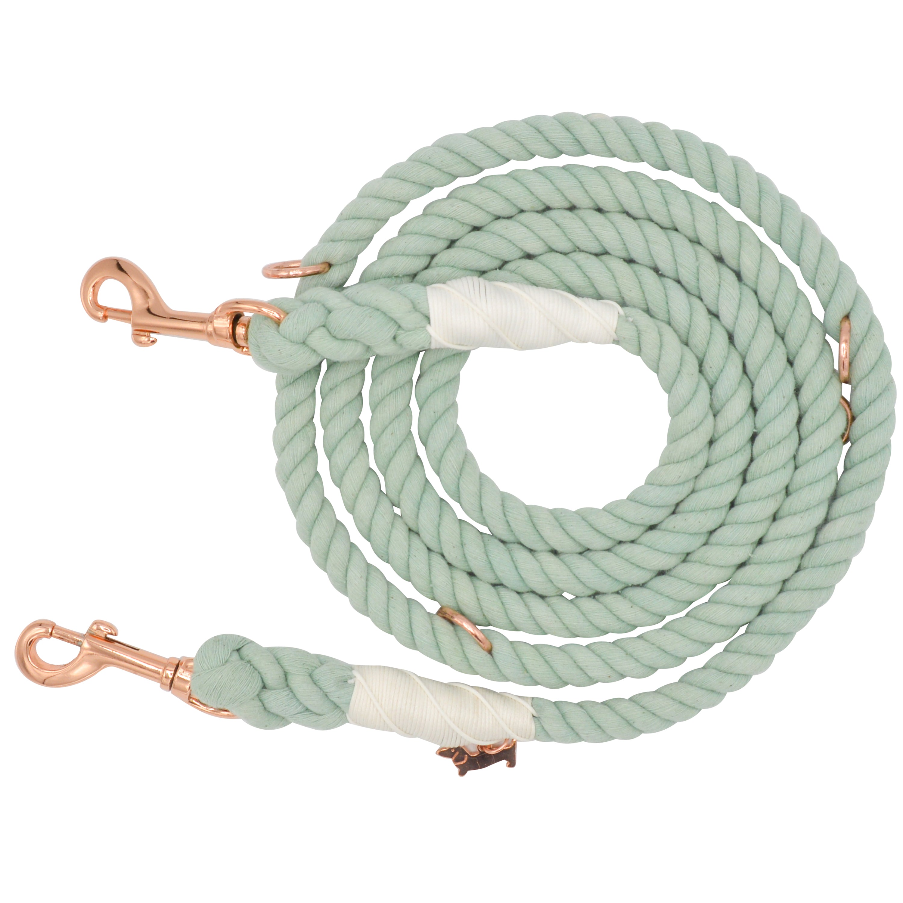 Sassy Woof Hands Free Rope Leash in Mint, a sage green cotton rope leash with rose gold clips