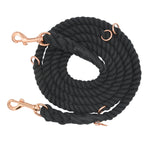 Sassy Woof Hands Free Rope Leash in Noir, a black cotton rope leash with rose gold clips