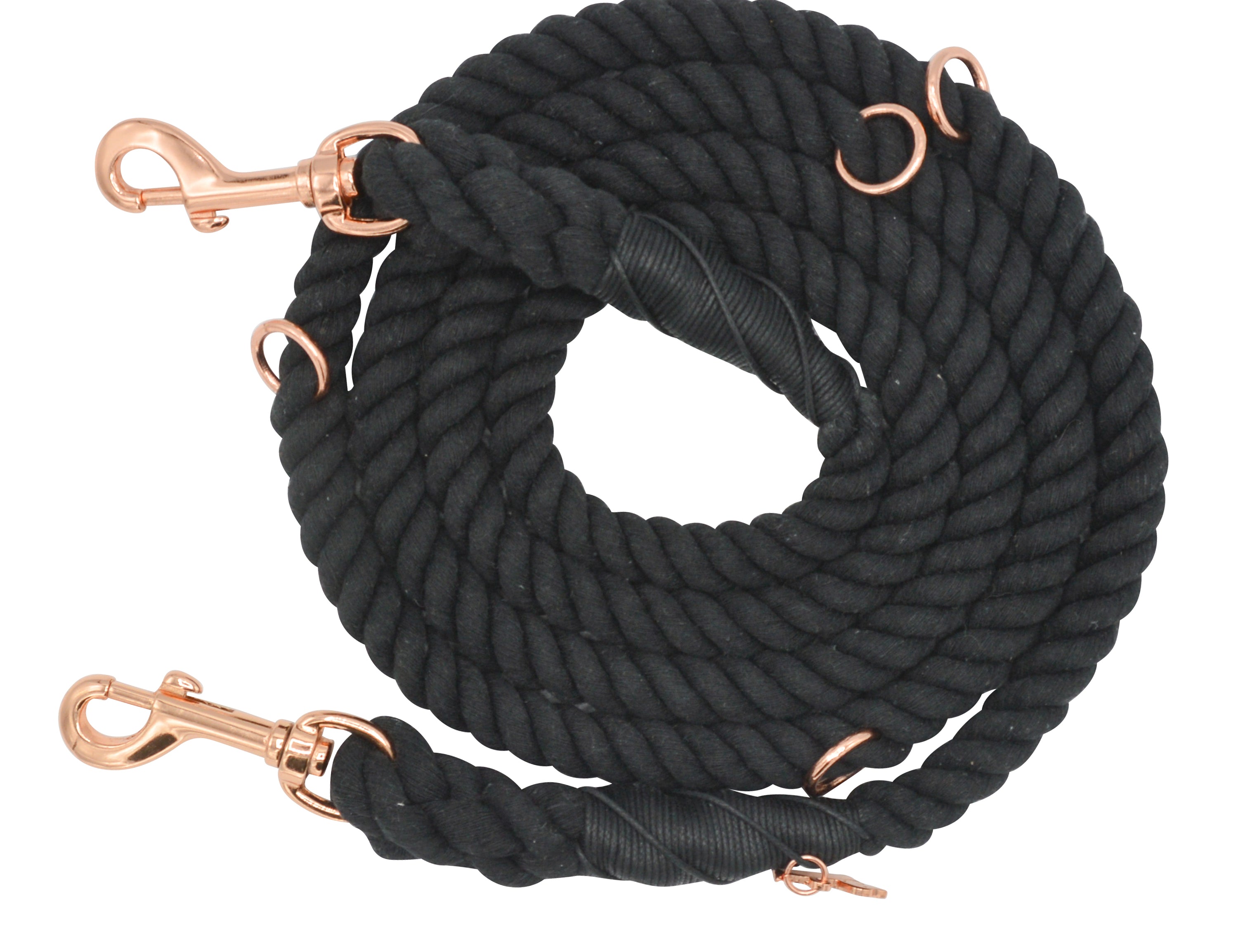 Sassy Woof Hands Free Rope Leash in Noir, a black cotton rope leash with rose gold clips