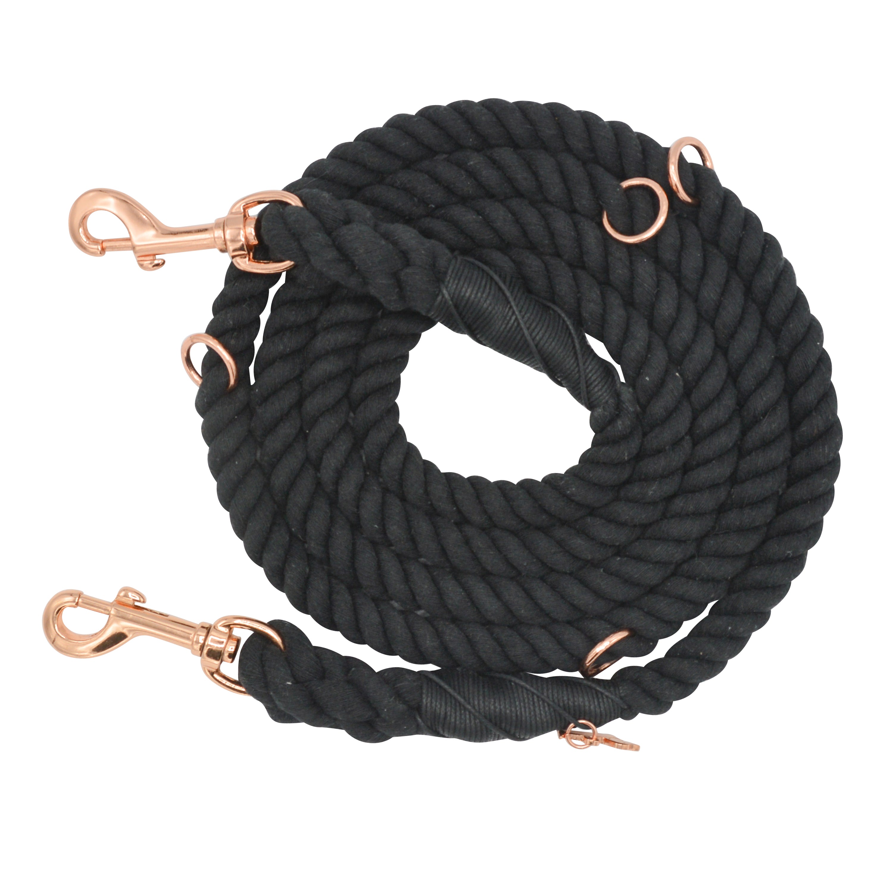 Sassy Woof Hands Free Rope Leash in Noir, a black cotton rope leash with rose gold clips
