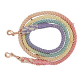 Sassy Woof Hands Free Rope Leash in Rainbow Bright, a multicolor pastel rainbow rope leash