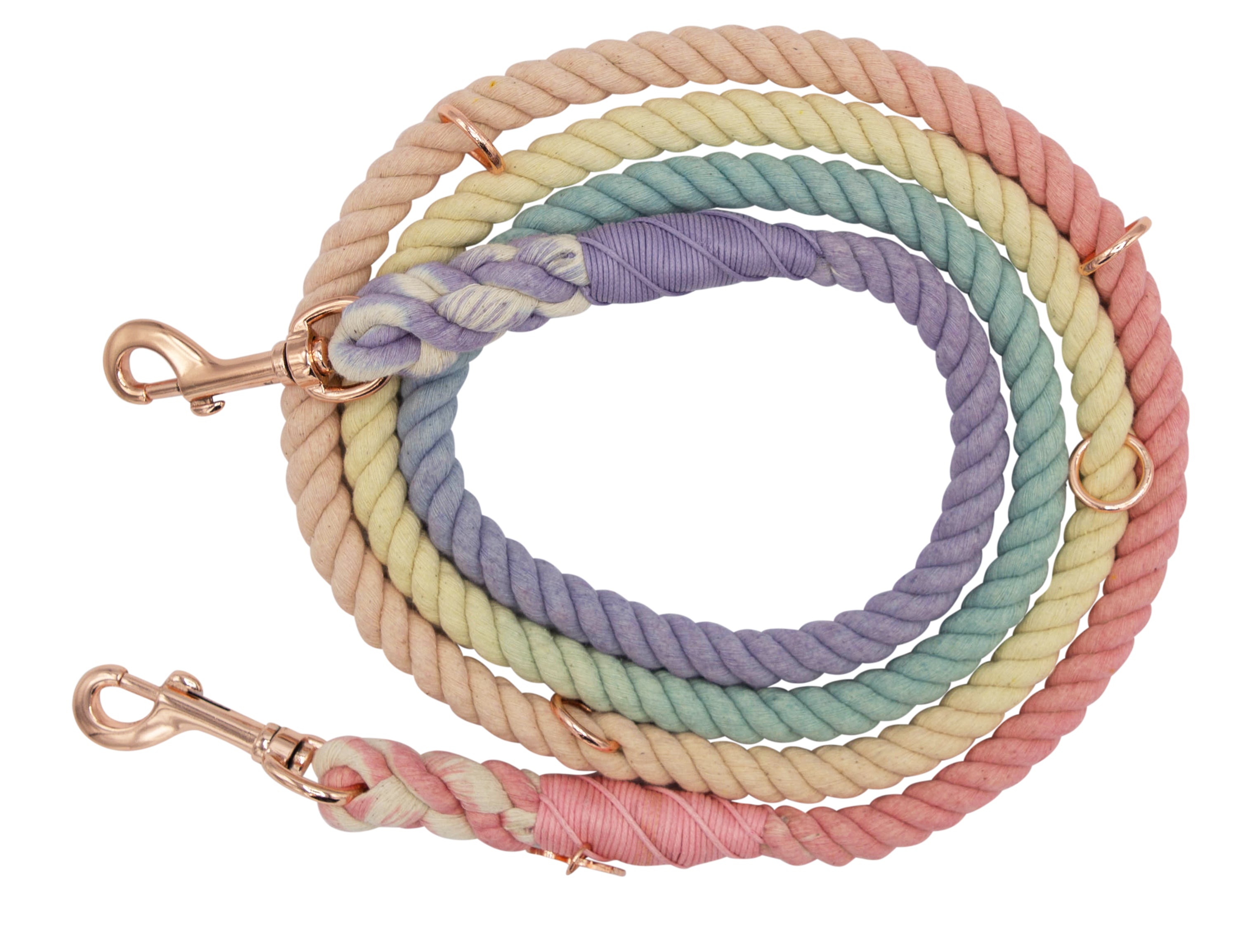 Sassy Woof Hands Free Rope Leash in Rainbow Bright, a multicolor pastel rainbow rope leash