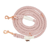 Sassy Woof Hands Free Rope Leash in Rose All Day, a blush pink cotton rope leash with rose gold clips