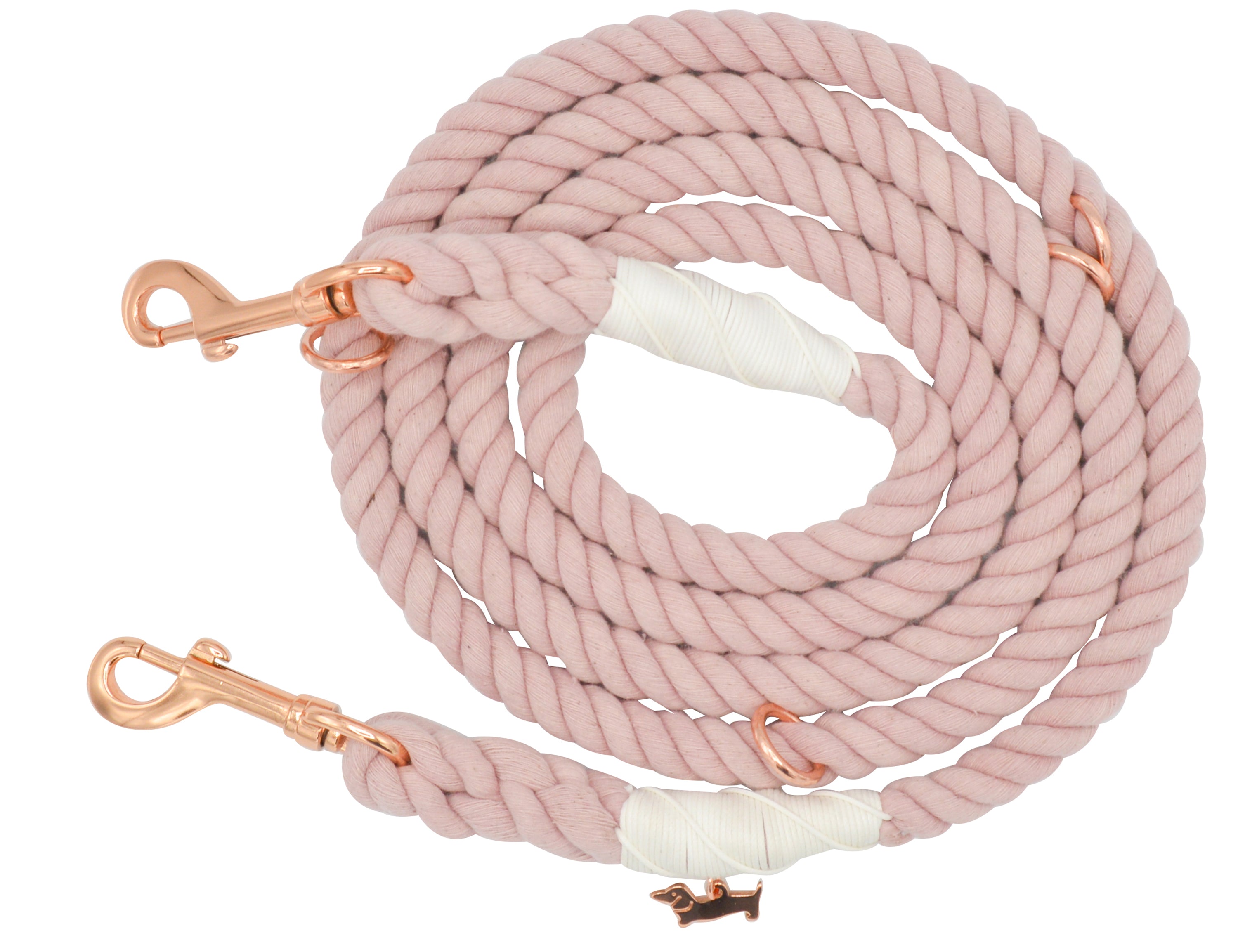 Sassy Woof Hands Free Rope Leash in Rose All Day, a blush pink cotton rope leash with rose gold clips