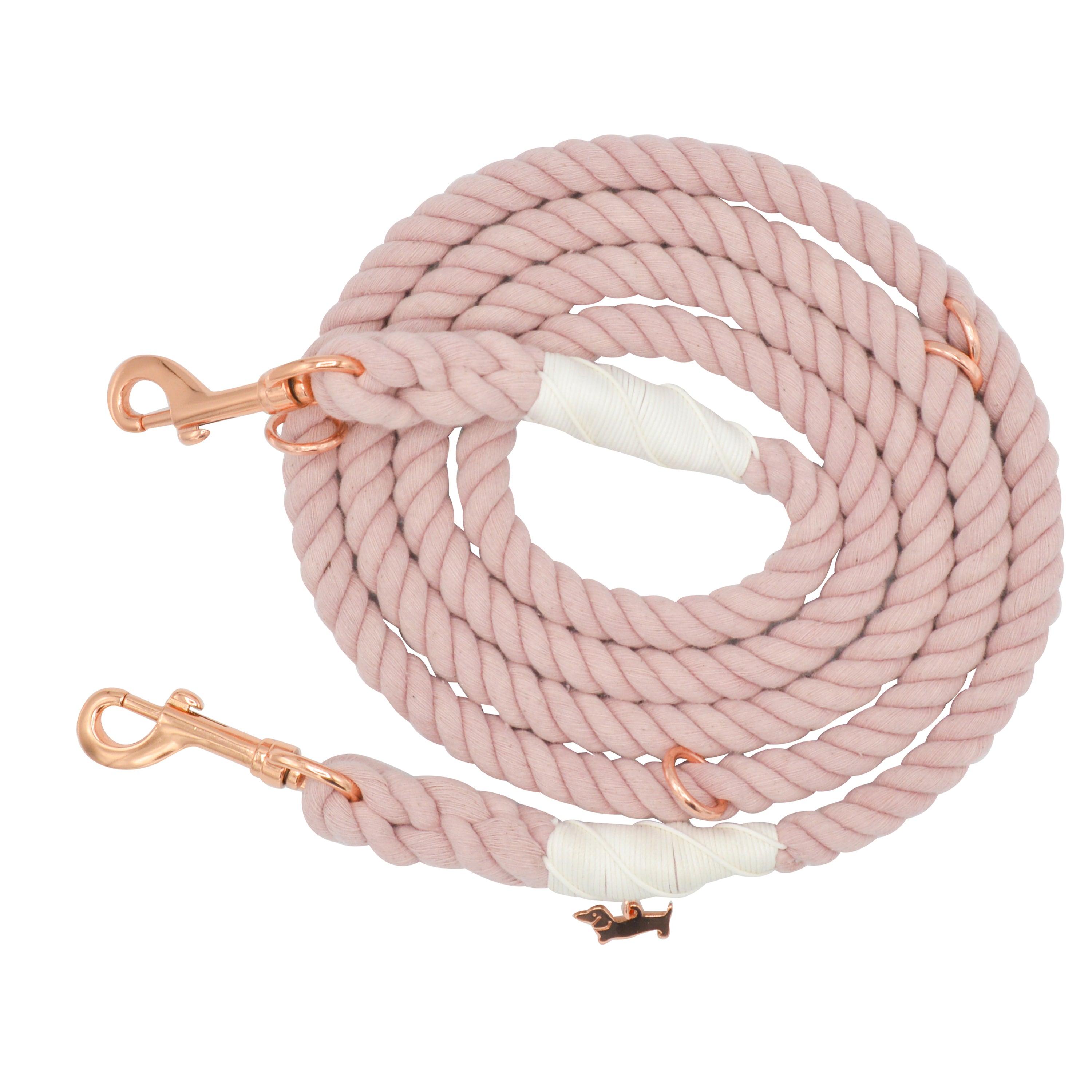 Sassy Woof Hands Free Rope Leash in Rose All Day, a blush pink cotton rope leash with rose gold clips