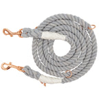 Sassy Woof Hands Free Rope Leash in Serenity, a light gray cotton rope leash with rose gold clips