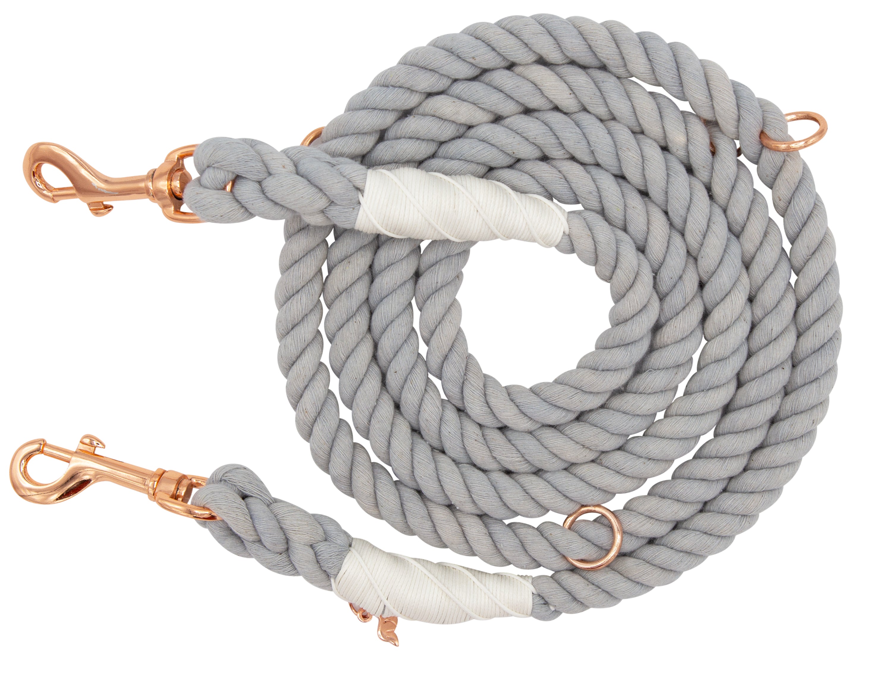Sassy Woof Hands Free Rope Leash in Serenity, a light gray cotton rope leash with rose gold clips