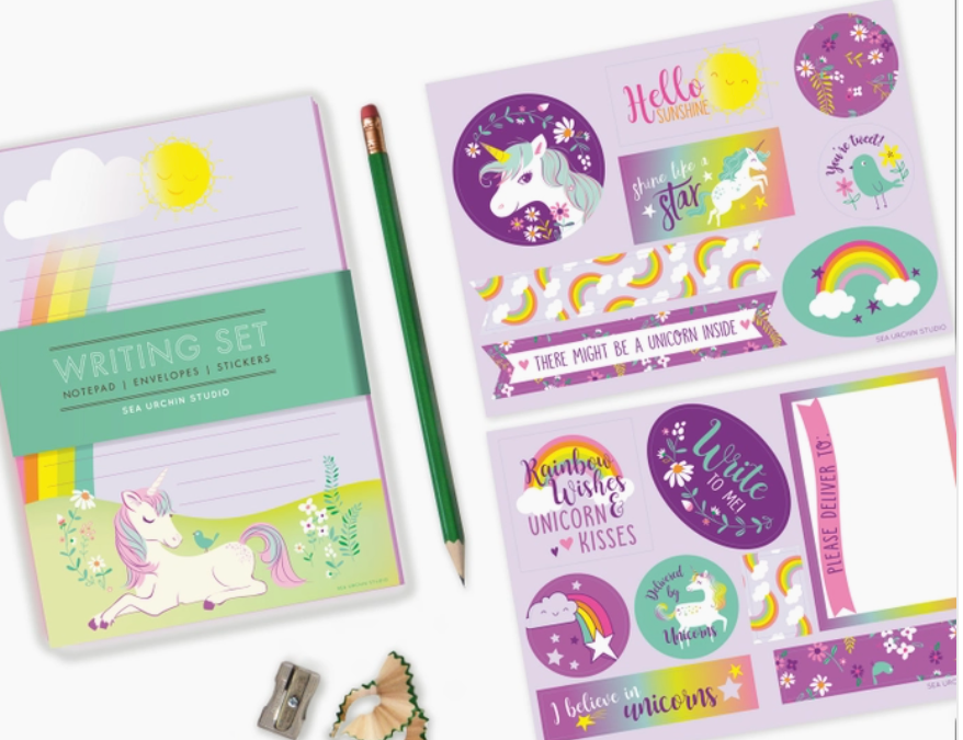 Sea Urchin Studio Writing Set with unicorn and rainbow stationery, stickers, envelopes and a pencil