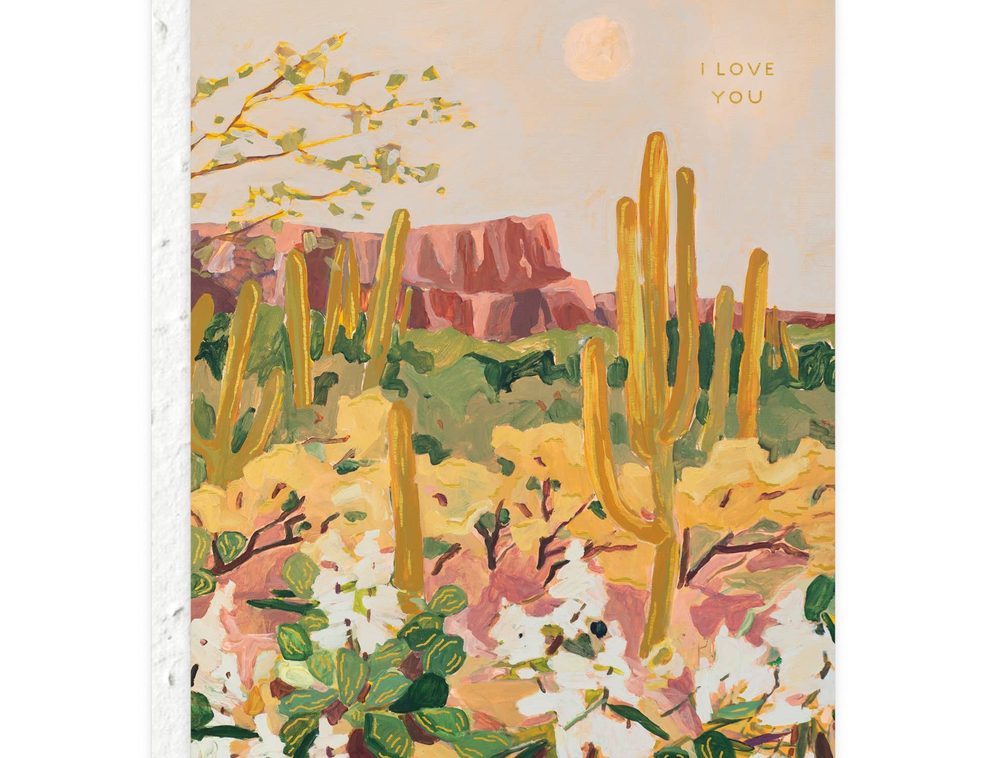 Seedlings Desert Moonlight Love + Friendship Card, a painted desert scene with saguaros and red mesas under a full moon, reading I love you