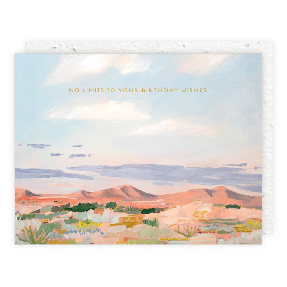 Seedlings Morning Desert Light Birthday Card, a painted desert landscape reading No limits to your birthday wishes