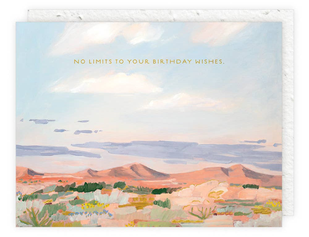 Seedlings Morning Desert Light Birthday Card, a painted desert landscape reading No limits to your birthday wishes