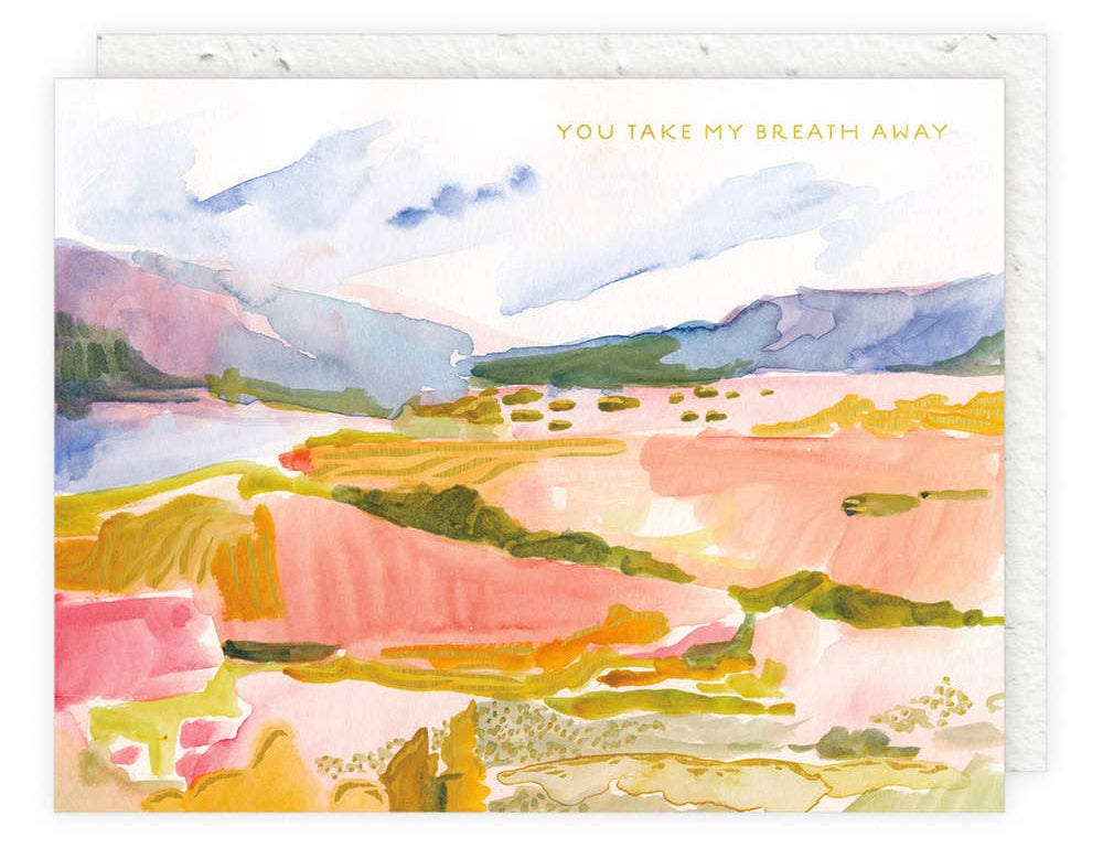 Seedlings Pink and Blue Desert Love and Friendship Card, a painted desert landscape reading You take my breath away