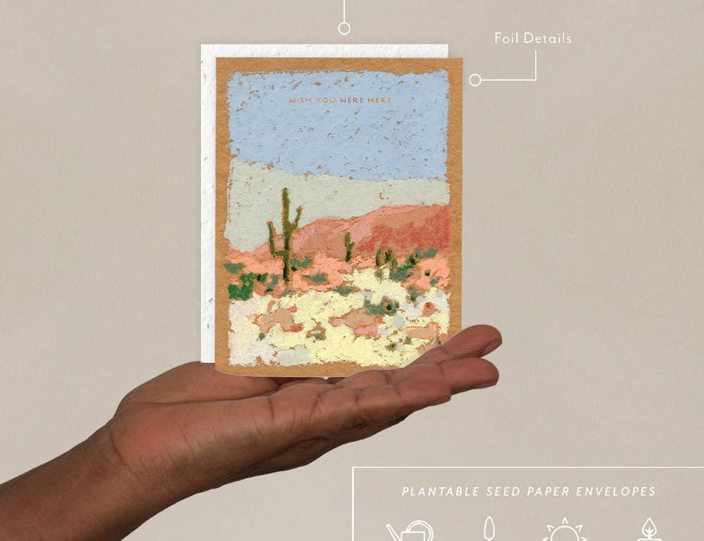 Hand holding the Seedlings Saguaros card with its plantable seed paper envelope and instructions