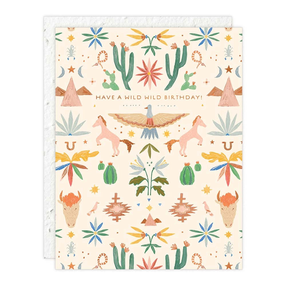 Seedlings Western Toile Birthday Card with cacti, horses, bison and eagles reading Have a wild wild birthday