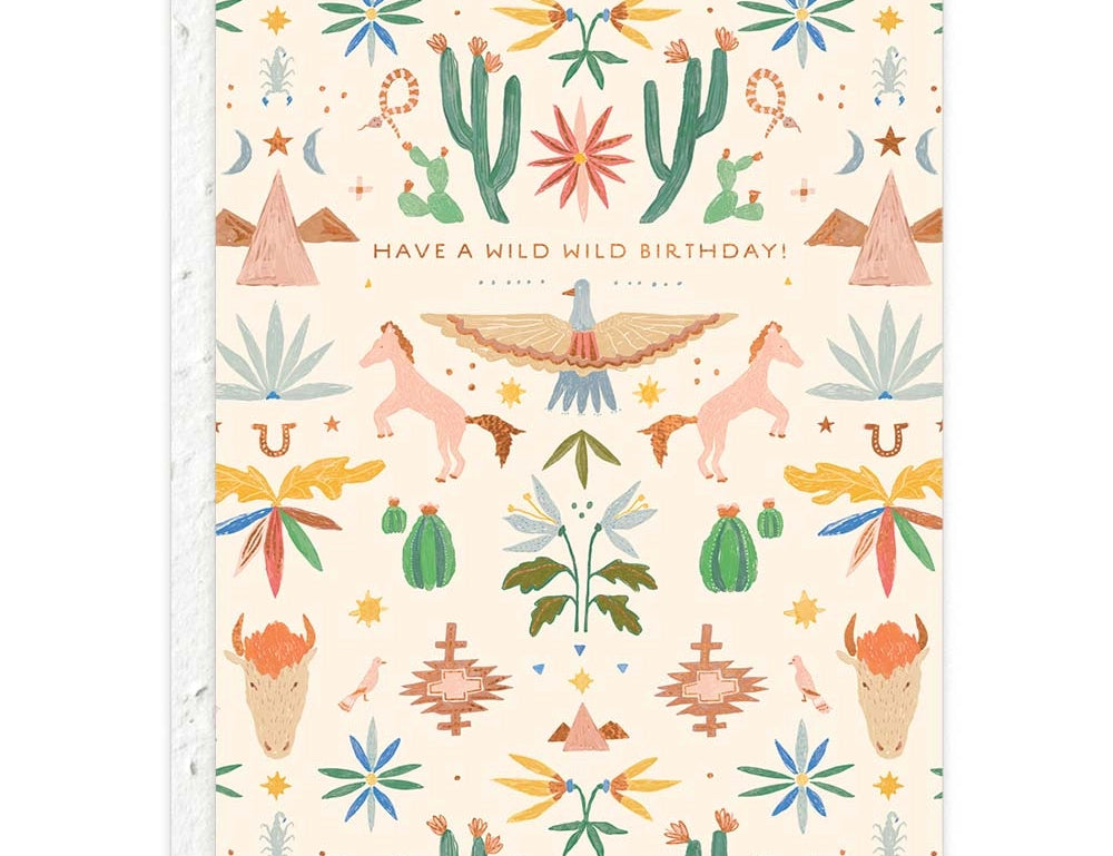 Seedlings Western Toile Birthday Card with cacti, horses, bison and eagles reading Have a wild wild birthday
