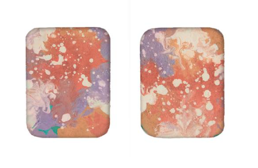 Sibilia Canvas Studs Earrings, square studs with a splattered coral, purple and cream painted finish