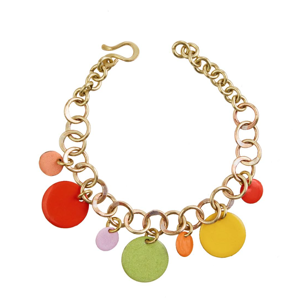 Sibilia Dancing Circles Bracelet, a gold chain bracelet with red, orange, yellow, green and pink disc charms