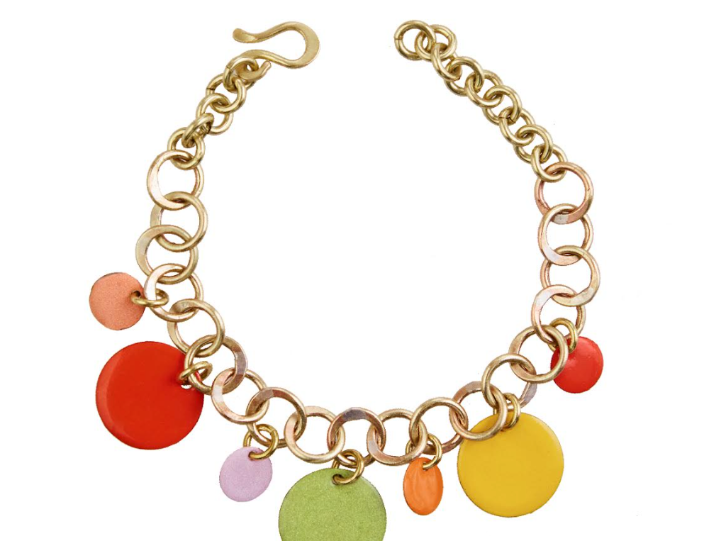 Sibilia Dancing Circles Bracelet, a gold chain bracelet with red, orange, yellow, green and pink disc charms
