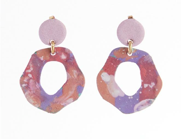 Sibilia Mancha XS Earrings, organic hoop drops in a purple, pink and coral splatter finish