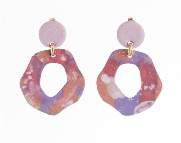 Sibilia Mancha XS Earrings, organic hoop drops in a purple, pink and coral splatter finish