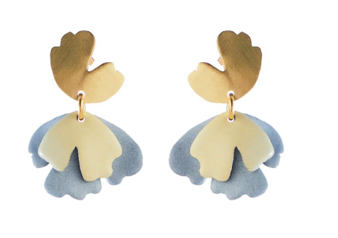 Sibilia Petals SM Earrings, gold petal-shaped drops with dusty blue painted lower petals