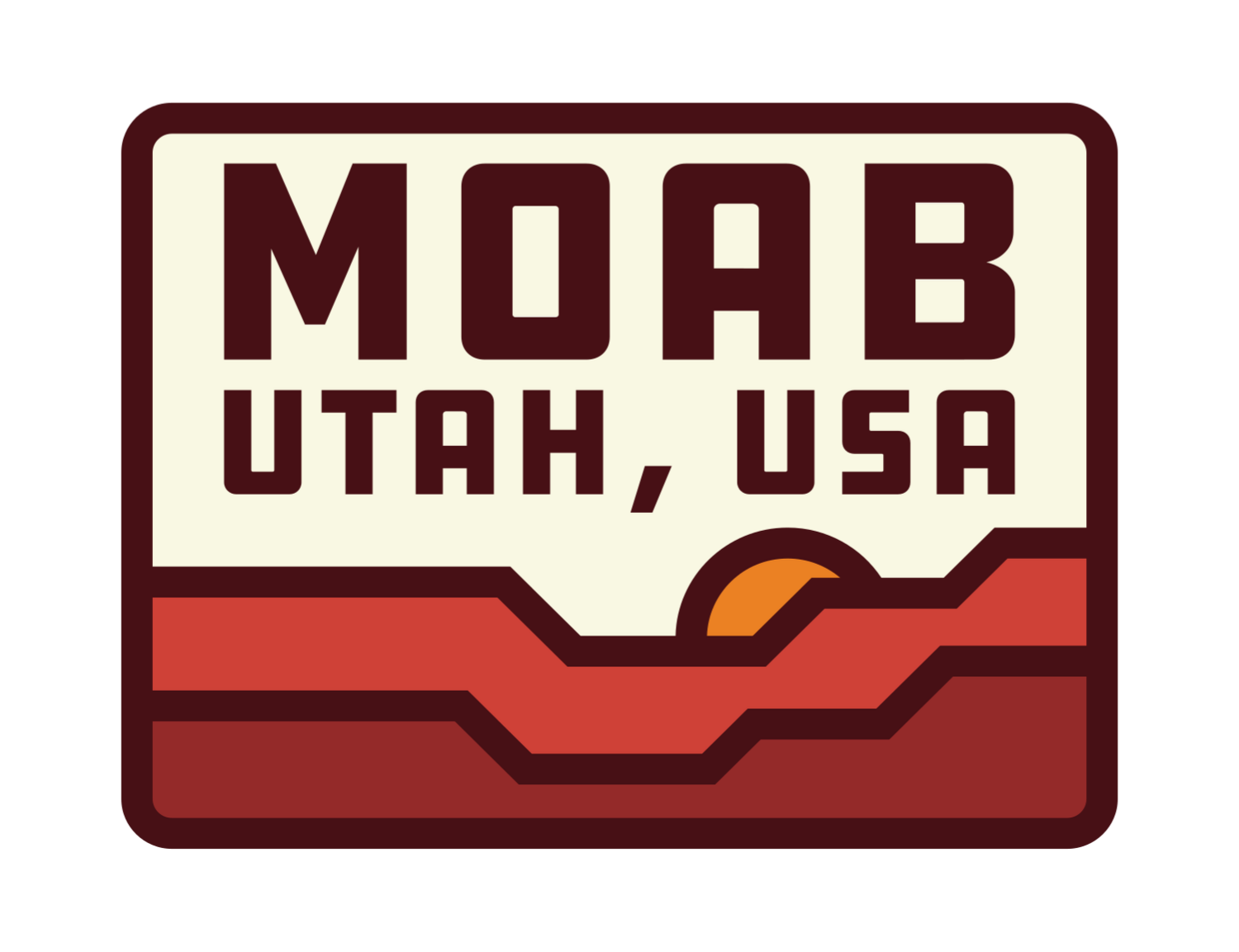 Simply Moab Hat Patch Pin, cream patch style pin reading MOAB UTAH, USA in maroon over a red sunset mesa stripe