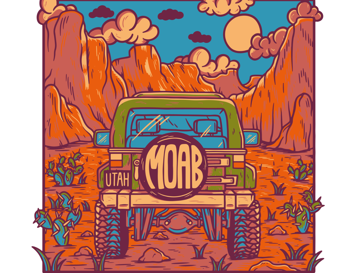 Simply Moab Jeep Howell Pin, green jeep with a MOAB spare tire cover driving through red rock canyon with cactus and sun