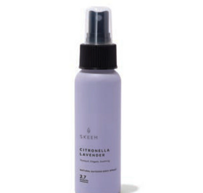 Skeem Citronella Travel Body Spray in a lavender purple bottle with a black spray top