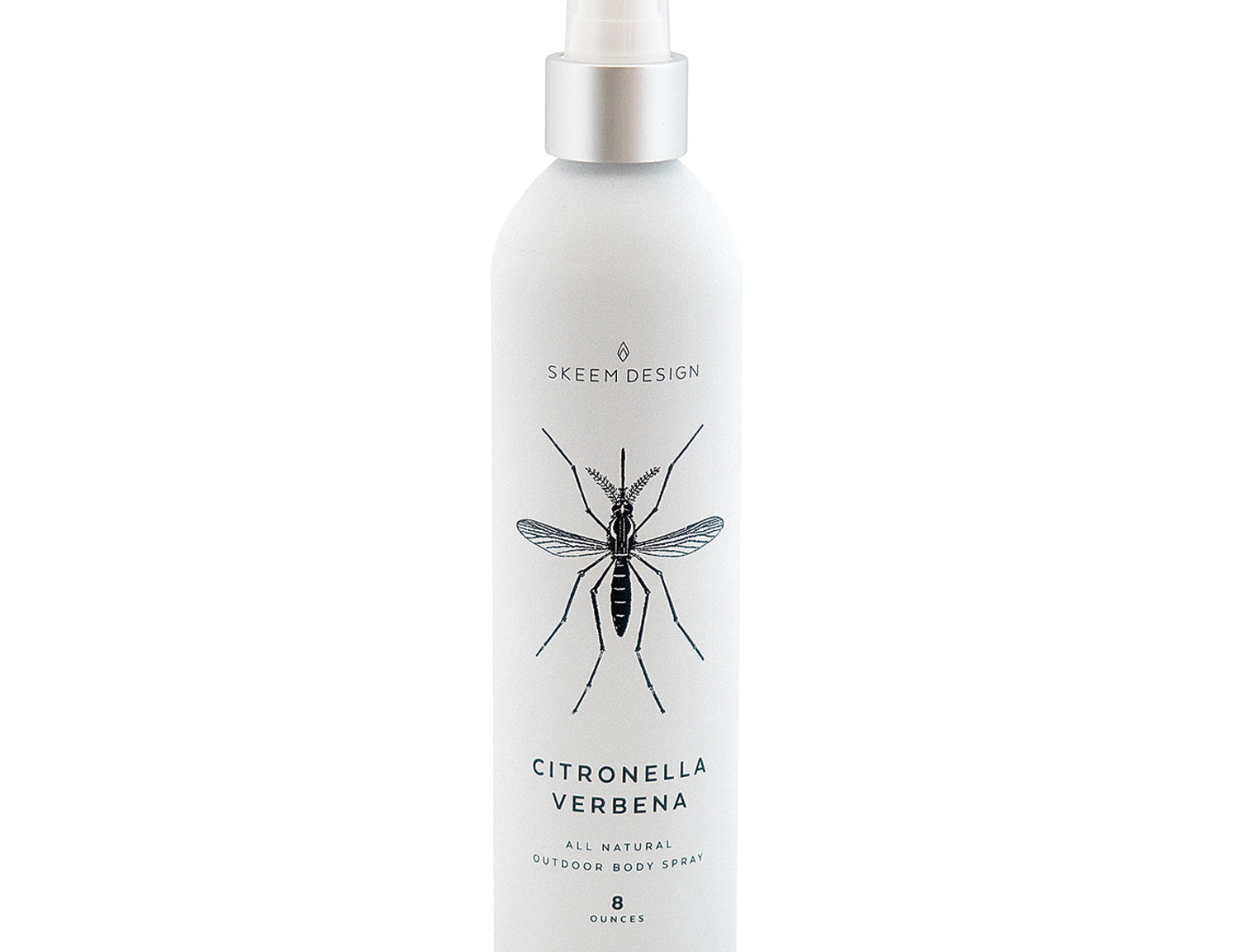Skeem Citronella Verbena Outdoor Body Spray in a white bottle with a mosquito illustration