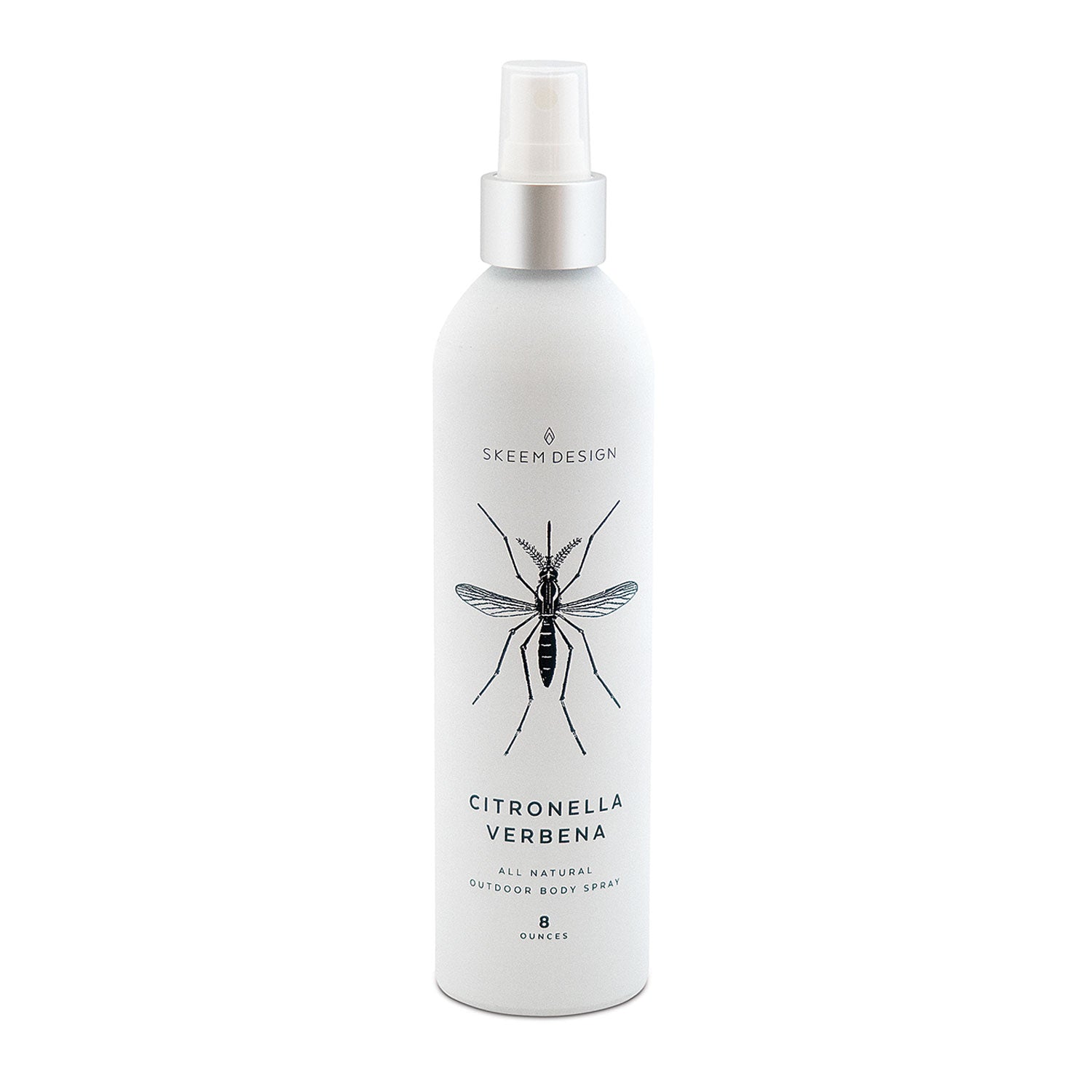 Skeem Citronella Verbena Outdoor Body Spray in a white bottle with a mosquito illustration