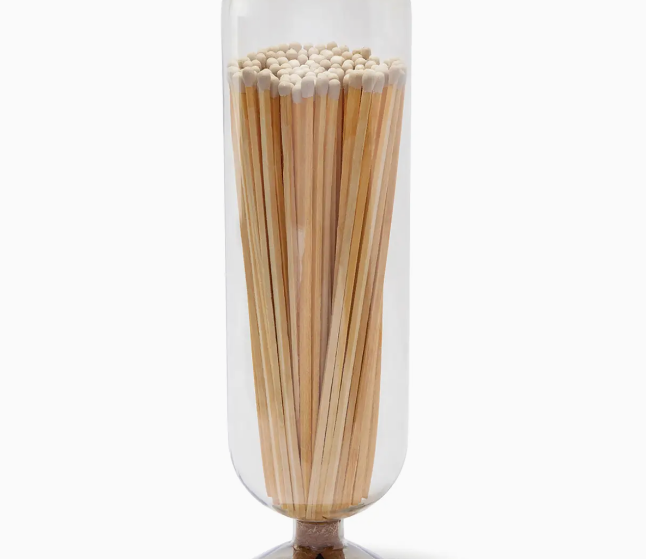 Skeem Fireplace Match Cloche, a tall glass cloche filled with long matches on a metal base