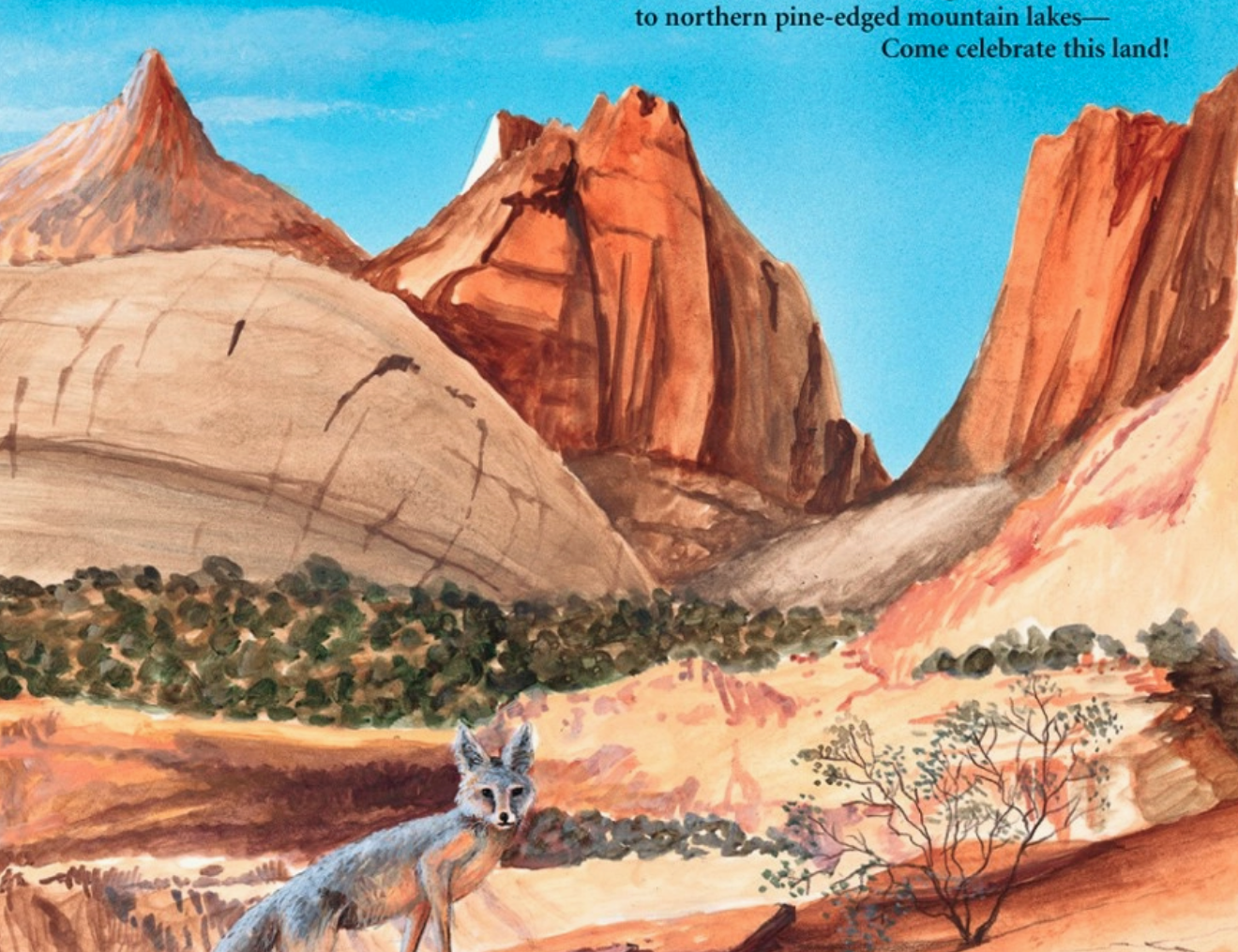 A is for Arches: A Utah Alphabet book by Sleeping Bear Press, interior page with a painted red rock canyon and a fox