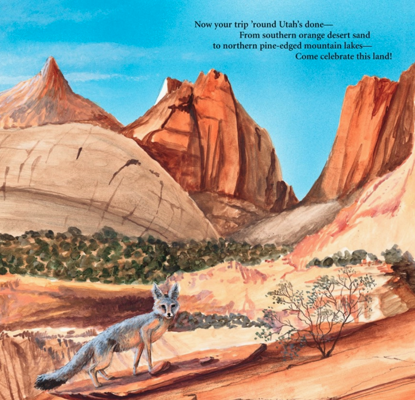 A is for Arches: A Utah Alphabet book by Sleeping Bear Press, interior page with a painted red rock canyon and a fox