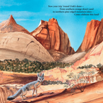 A is for Arches: A Utah Alphabet book by Sleeping Bear Press, interior page with a painted red rock canyon and a fox