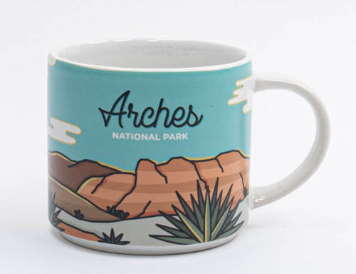 Ceramic Arches National Park mug with Delicate Arch over warm canyon layers