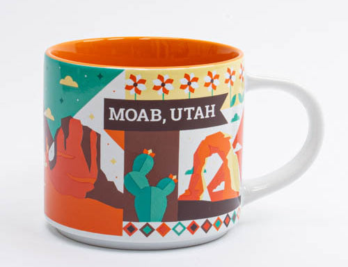 Ceramic Moab mug with a colorful collage of biking, off road and desert nights