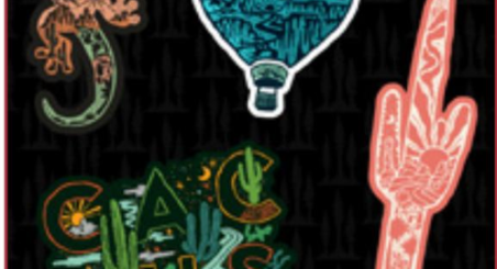 Southwest mini sticker pack, a sheet of six stickers including a gecko, a hot air balloon over a canyon, a saguaro cactus, cactus lettering, an armadillo and a desert road scene.