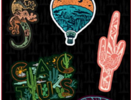 Southwest mini sticker pack, a sheet of six stickers including a gecko, a hot air balloon over a canyon, a saguaro cactus, cactus lettering, an armadillo and a desert road scene.