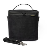 SoYoung Lunch Poche in black linen with a top handle and detachable shoulder strap
