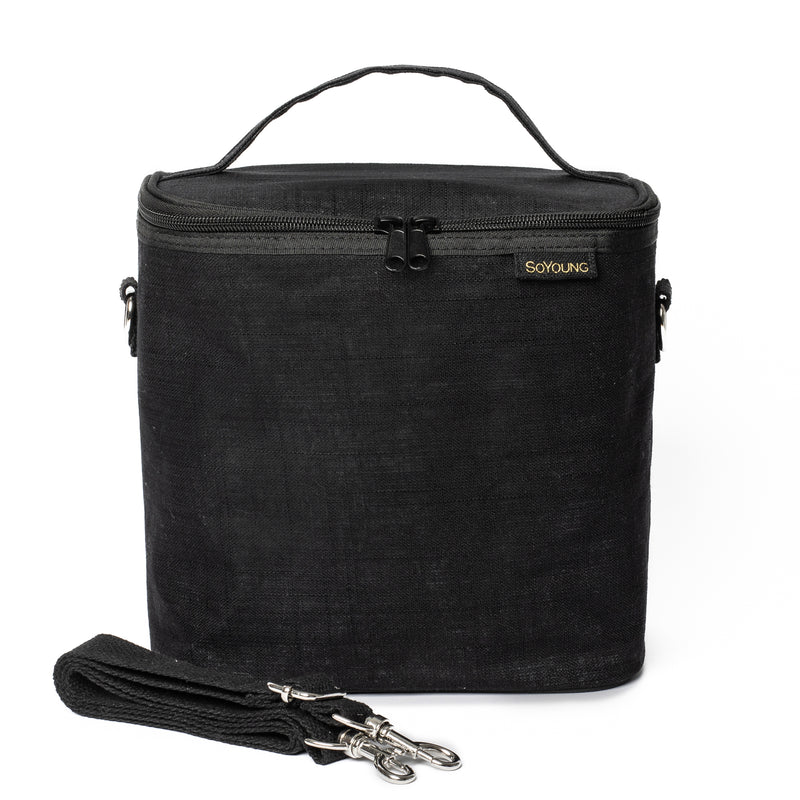 SoYoung Lunch Poche in black linen with a top handle and detachable shoulder strap