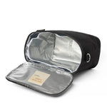 SoYoung Lunch Poche in black lying open to show the insulated silver lining