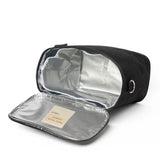 SoYoung Lunch Poche in black lying open to show the insulated silver lining