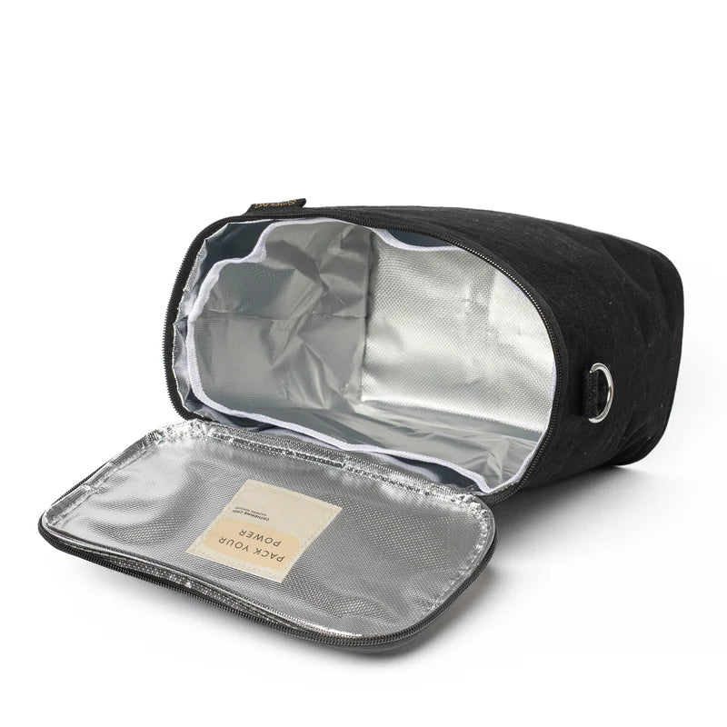 SoYoung Lunch Poche in black lying open to show the insulated silver lining