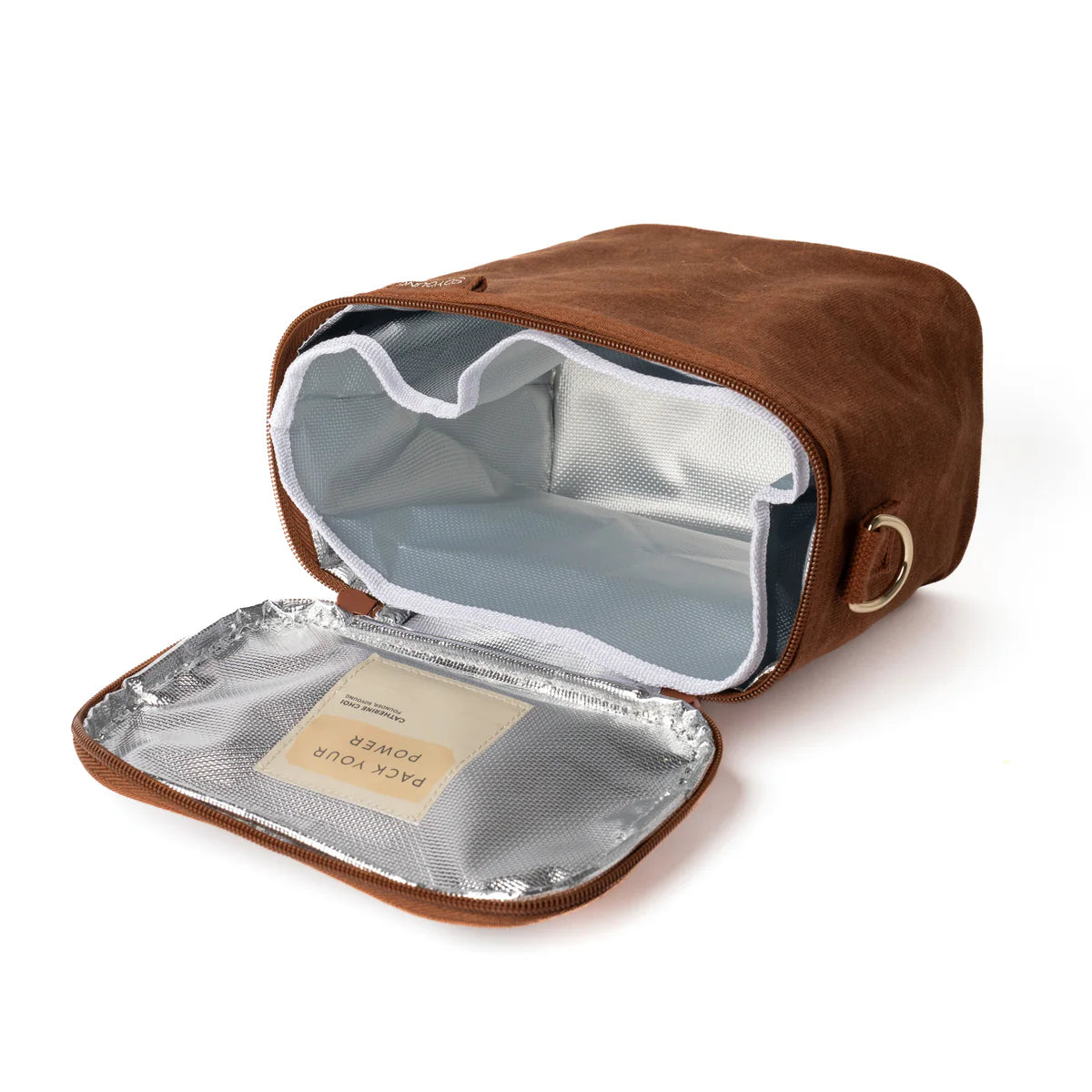 SoYoung Lunch Poche in Cinnamon lying open to show the insulated silver lining
