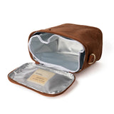 SoYoung Lunch Poche in Cinnamon lying open to show the insulated silver lining