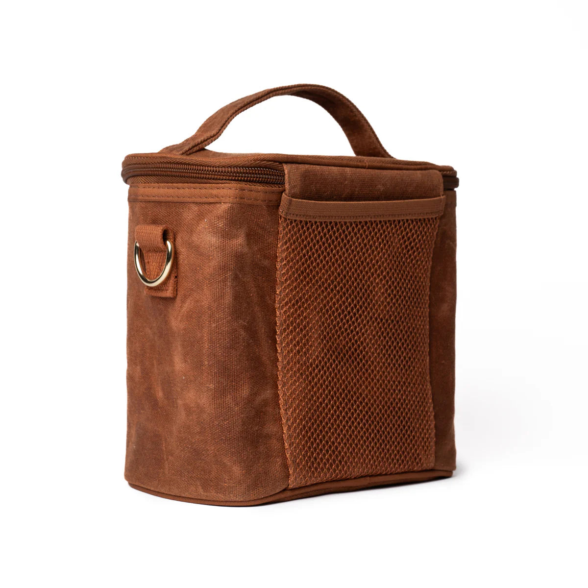 SoYoung Lunch Poche in Cinnamon, side angle showing the mesh pocket