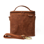 SoYoung Lunch Poche in Cinnamon waxed canvas with a top handle and detachable shoulder strap