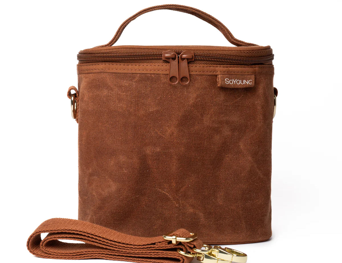 SoYoung Lunch Poche in Cinnamon waxed canvas with a top handle and detachable shoulder strap