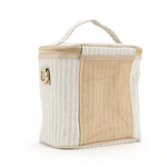 SoYoung Lunch Poche in cream pinstripe, back view showing the mesh side pocket