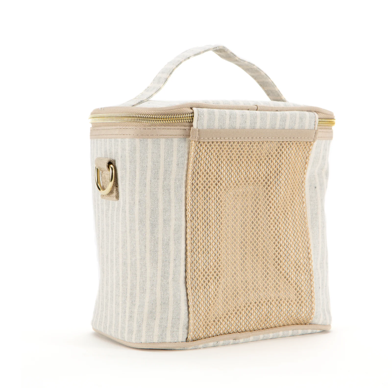 SoYoung Lunch Poche in cream pinstripe, back view showing the mesh side pocket